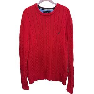 Nautica Red‎ Cable Knit Sweater Large Classic Preppy Crewneck Cotton Knit